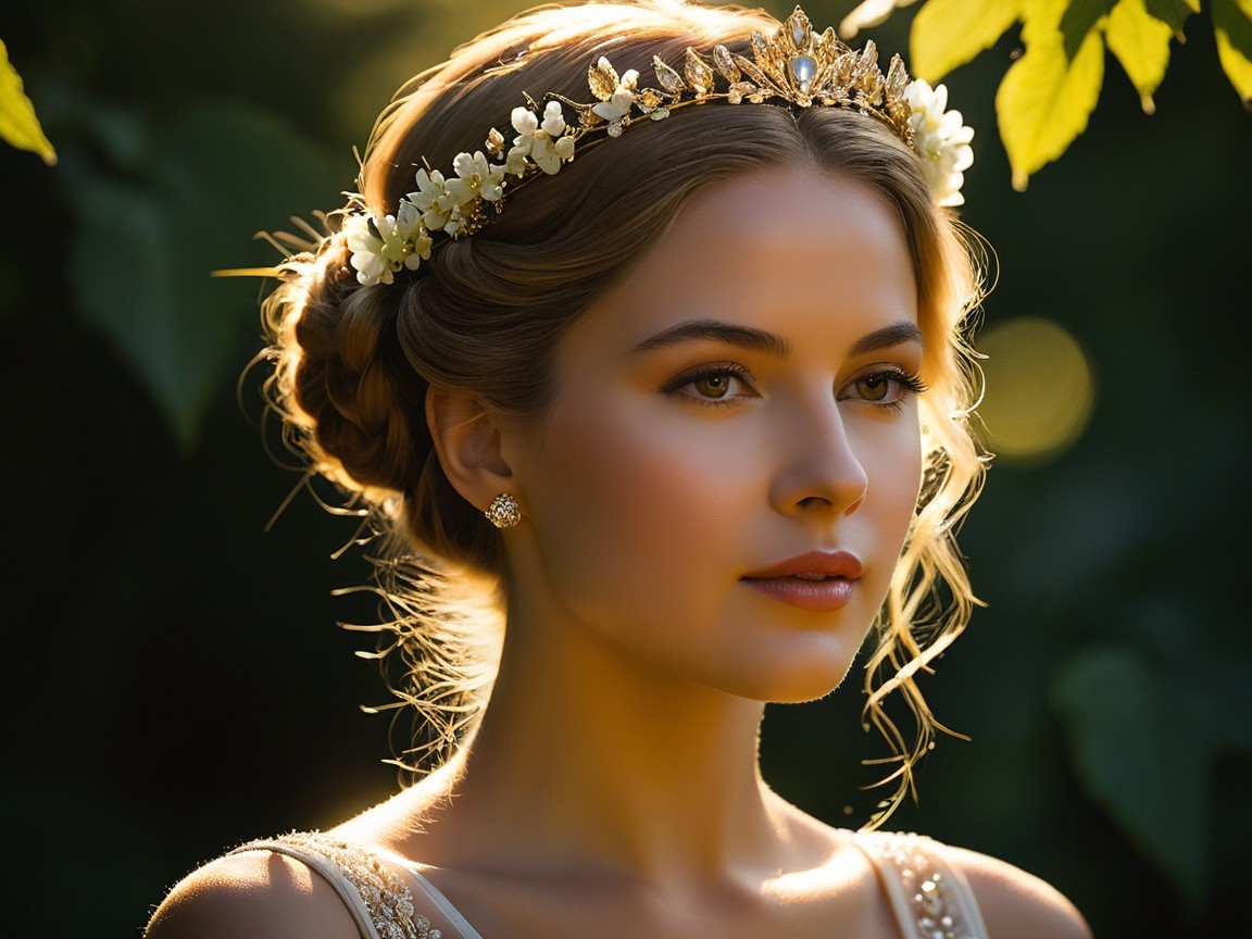 Portrait of a Young Woman with Floral Crown and Tiara