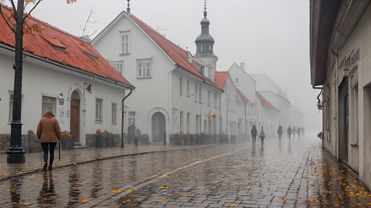 Misty Street Scene with Quaint Buildings and Puddles