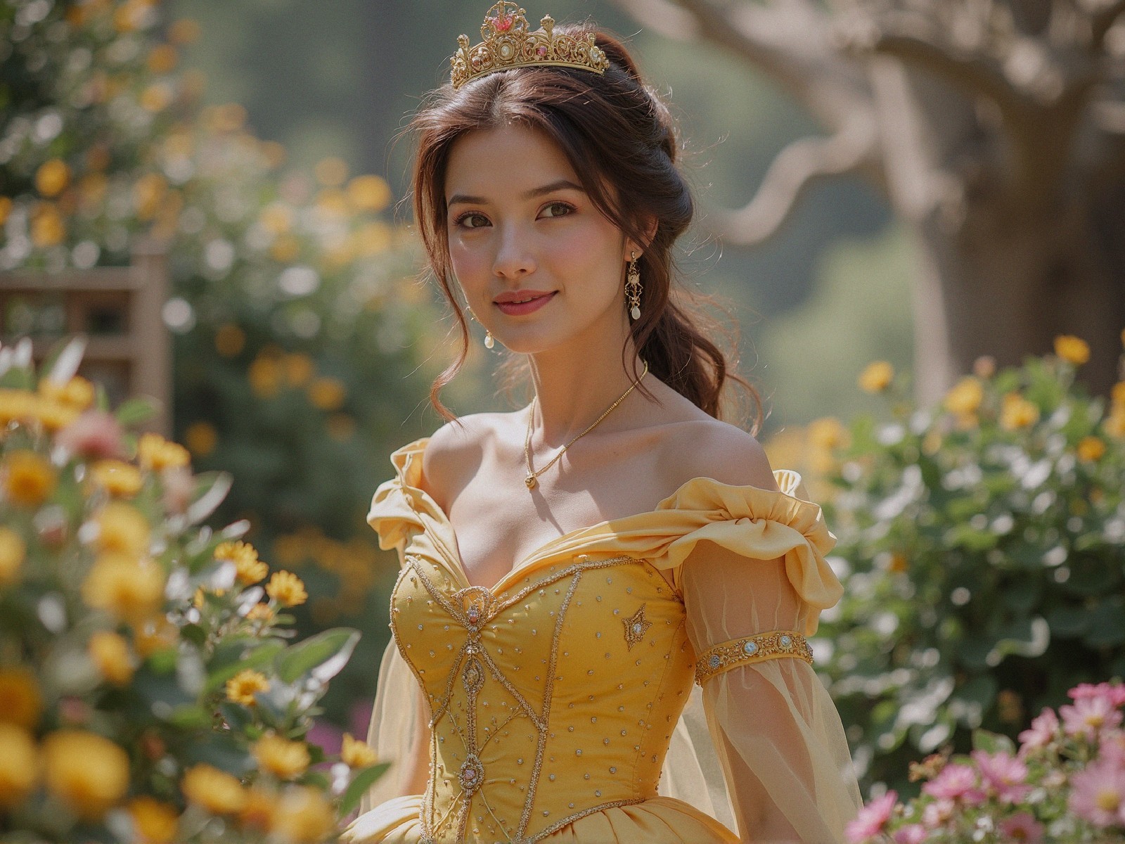 Young woman in yellow gown in vibrant flower garden