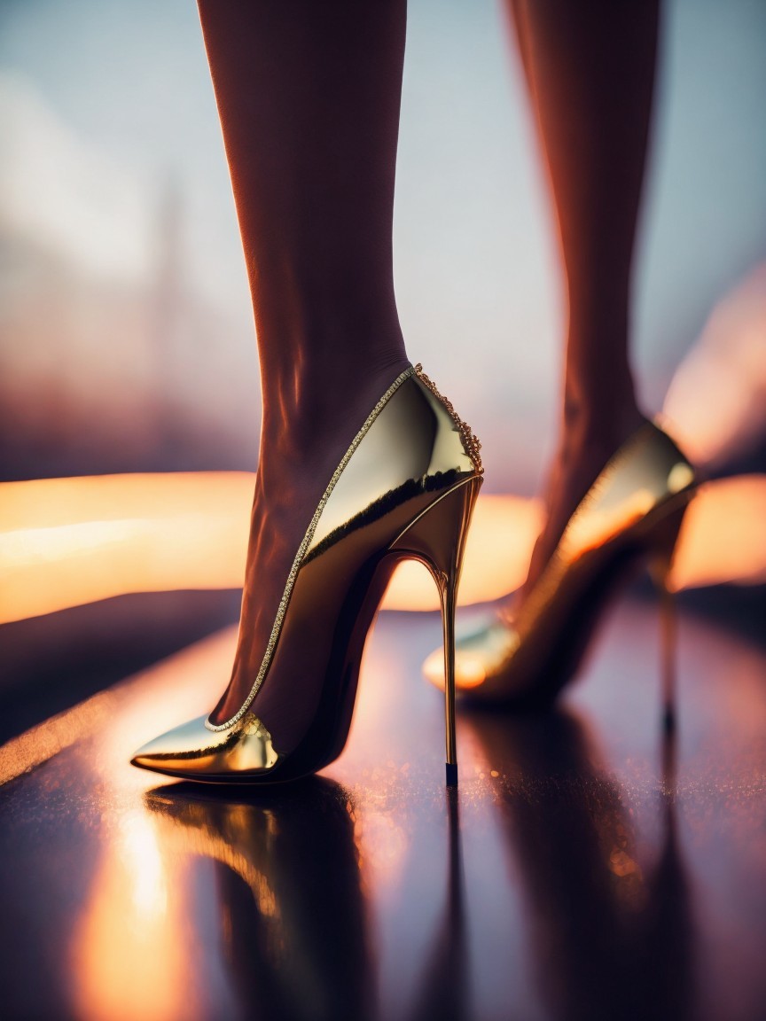 Close-up of Gold High Heels with Sunset Background