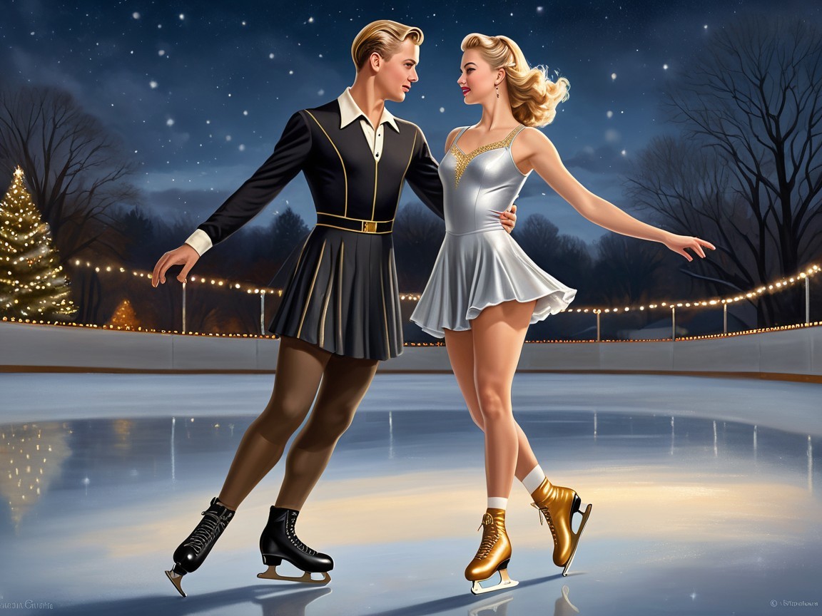 Ice Skaters Performing Under Starlit Sky and Lights