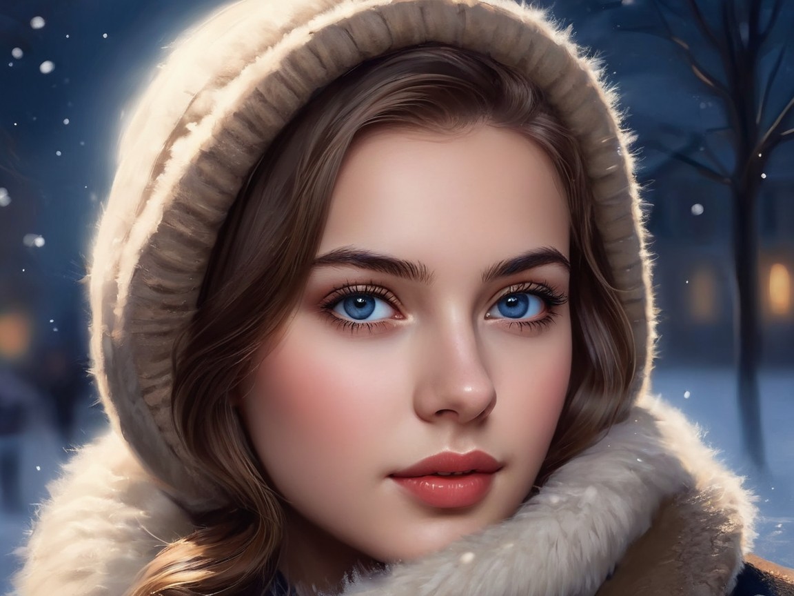 Young woman in winter coat with blue eyes in snow