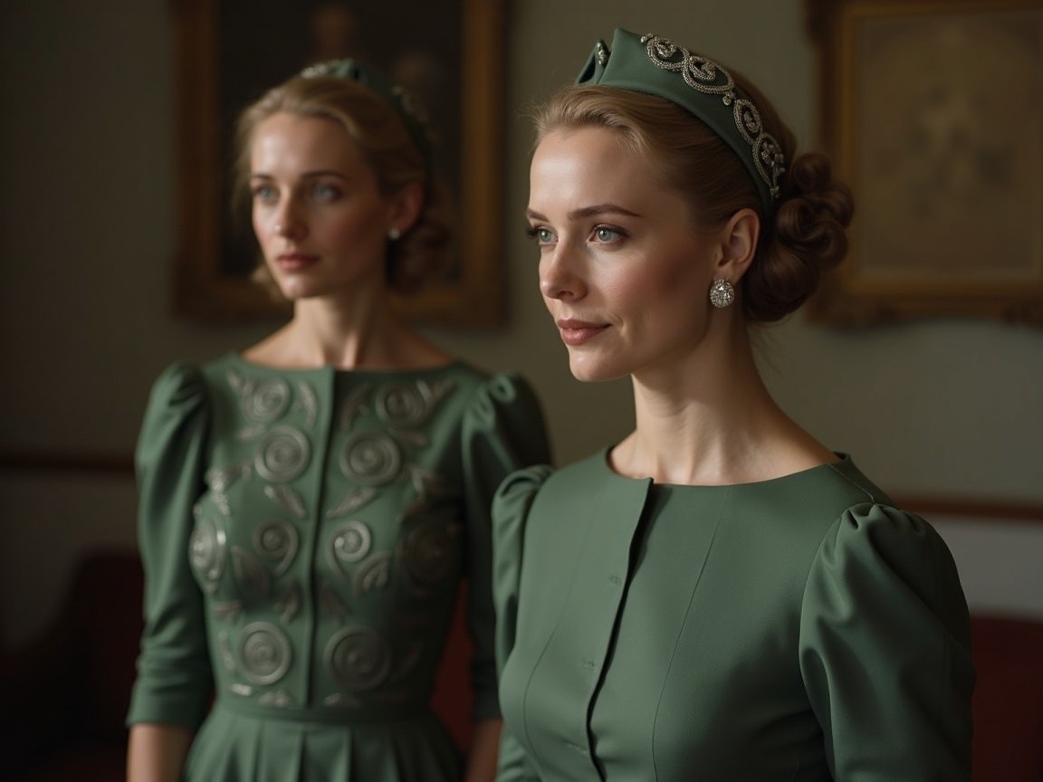 Elegant Women in Matching Green Dresses in Soft Light