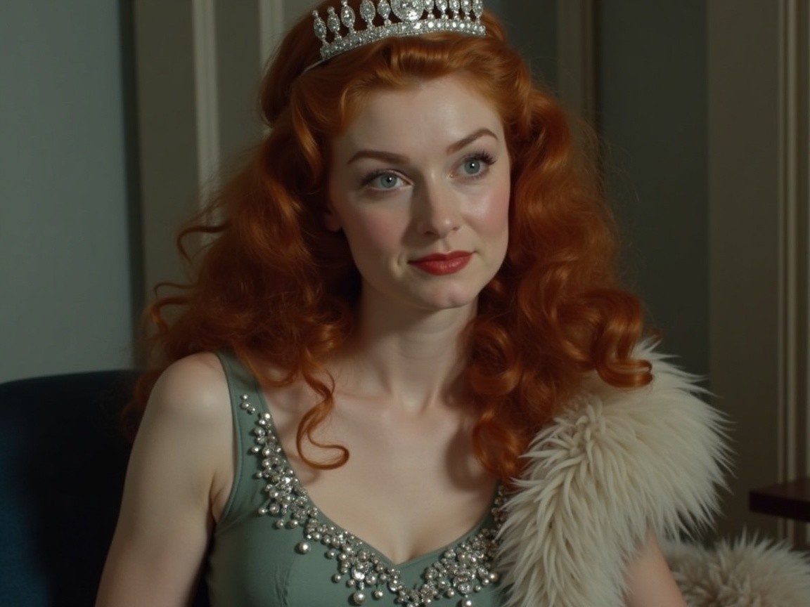 Elegant Woman with Red Curls in Green Dress and Tiara
