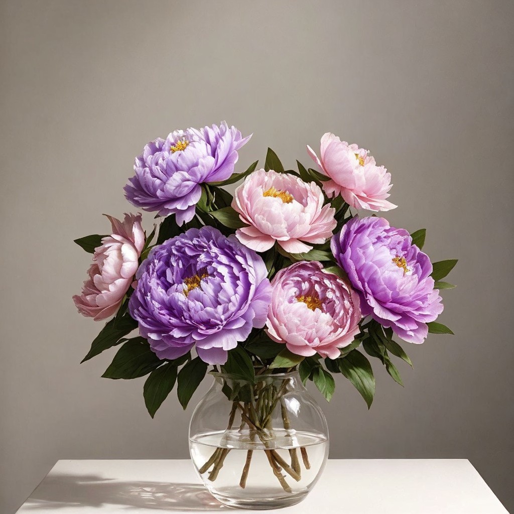 Bouquet of Peonies in Clear Glass Vase with Green Leaves