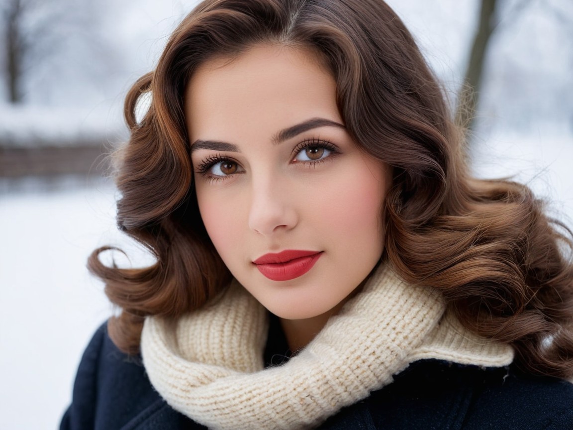 Young woman in winter attire with a snowy backdrop
