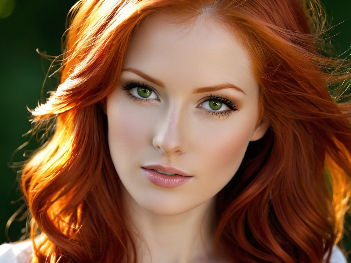 Portrait of a young woman with red hair and green eyes