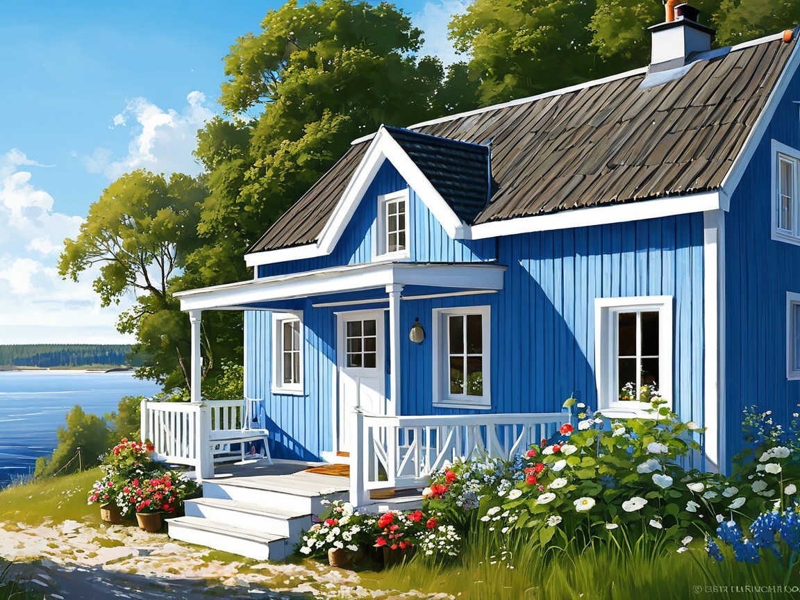 Charming Blue Cottage Surrounded by Vibrant Nature