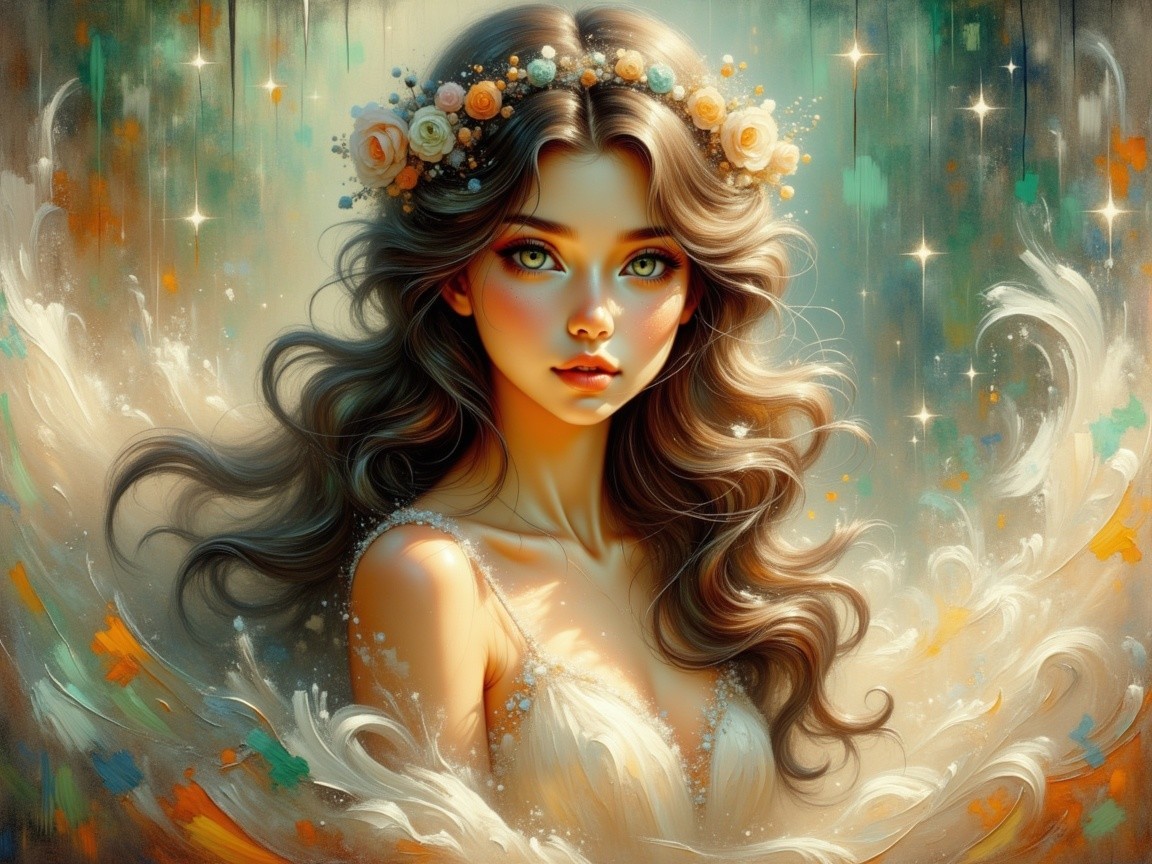 Portrait of a Young Woman with Floral Crown and Colors