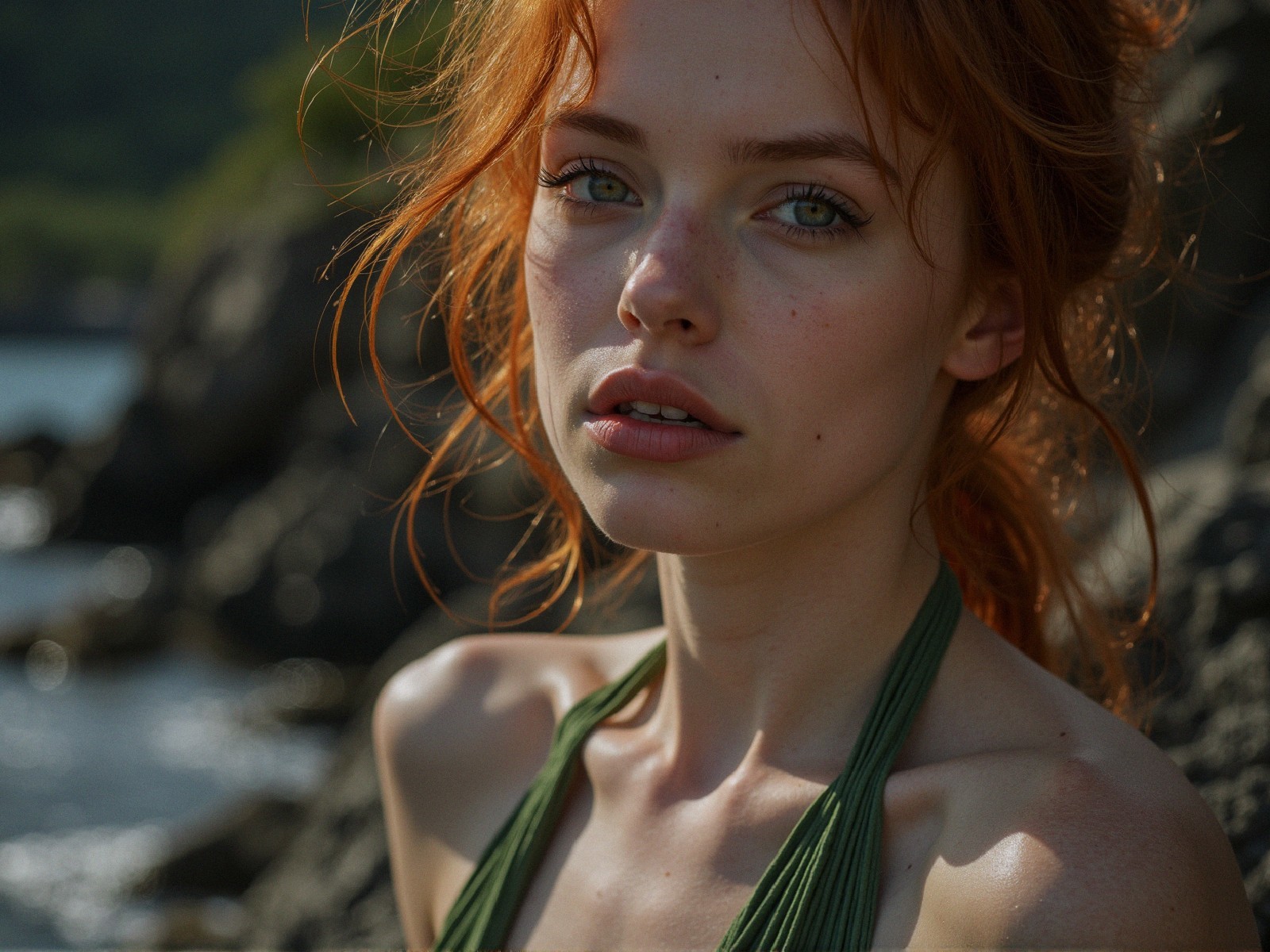 Young Woman with Red Hair at Rocky Shoreline