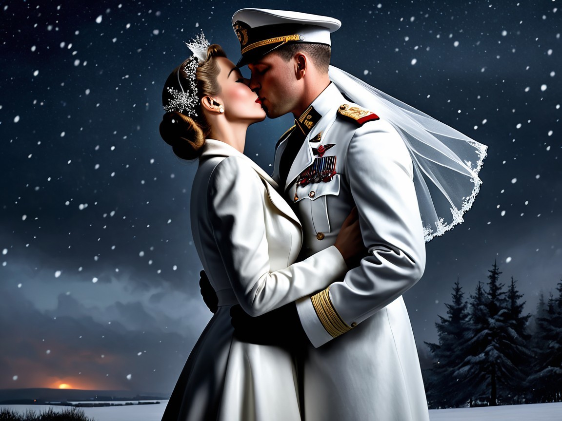 Couple Kissing in Snowy Romantic Winter Setting