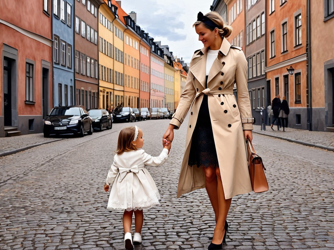 Stylish woman and girl walk on vibrant cobblestone street