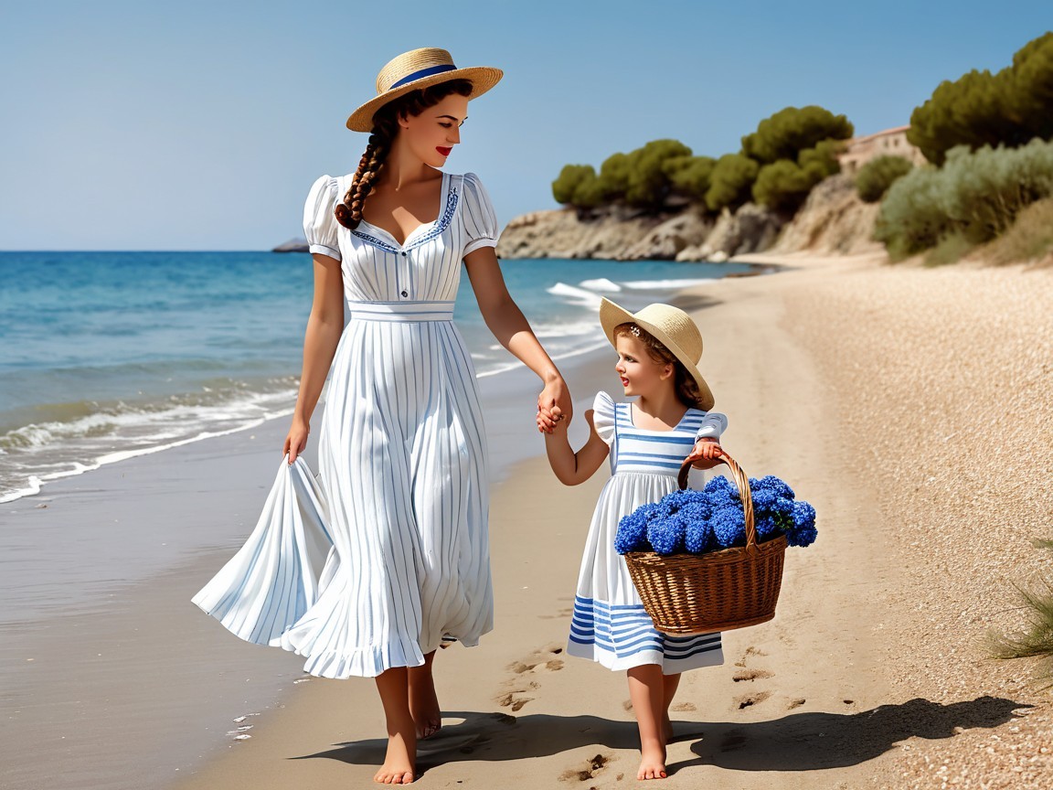 Woman and girl walking on a sandy beach together