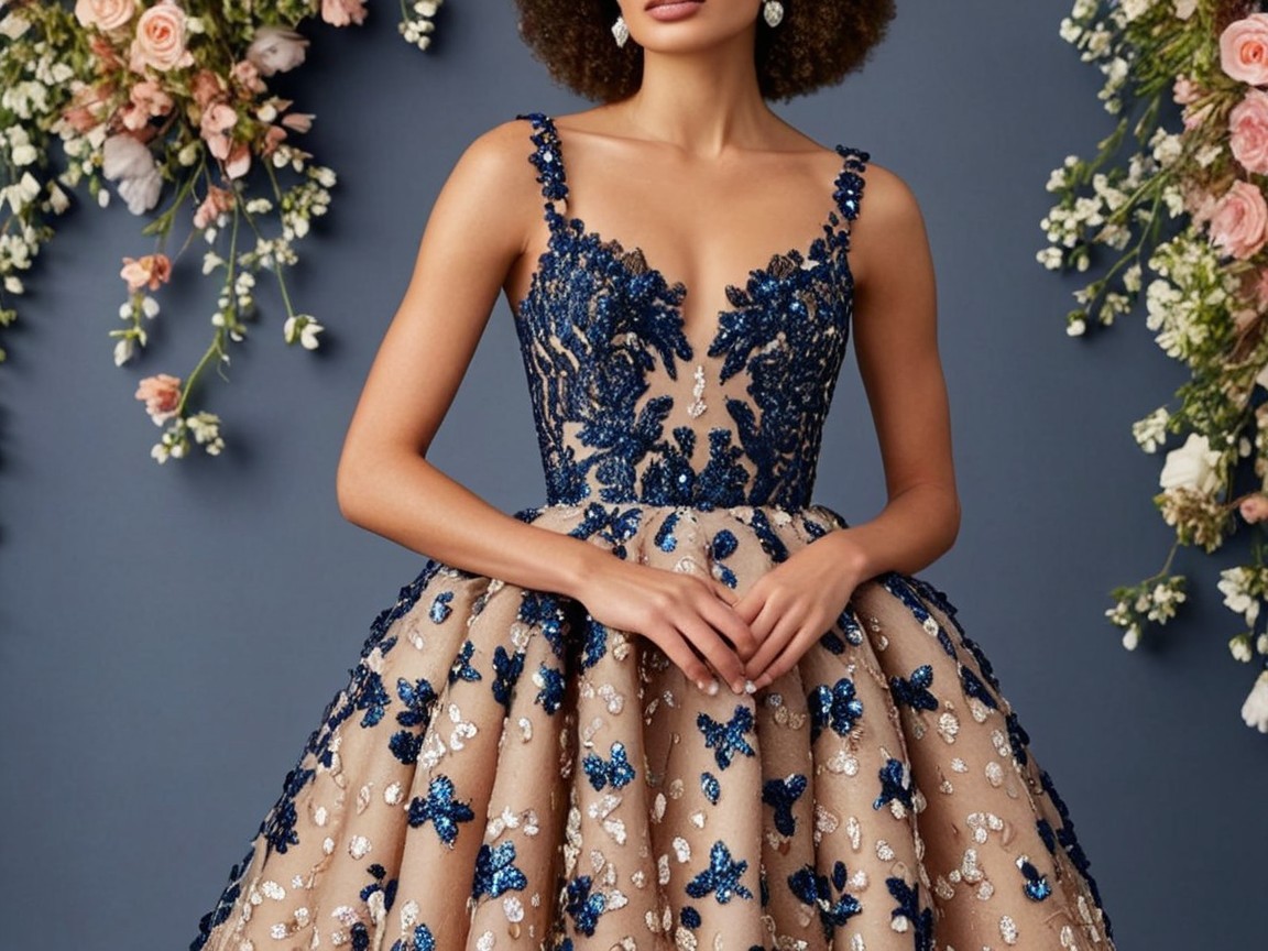 Elegant evening gown with navy beading and floral skirt