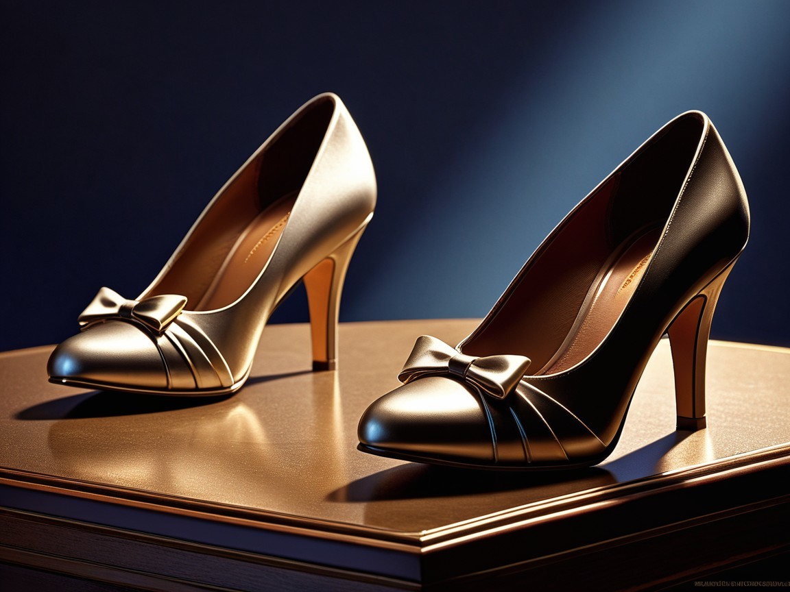 Elegant high-heeled shoes with metallic finish and bows