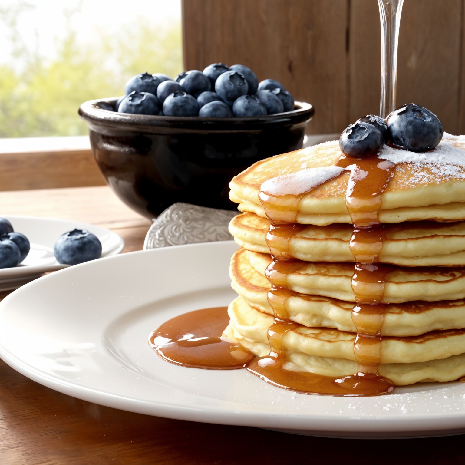 Fluffy Pancakes with Blueberries and Syrup Display