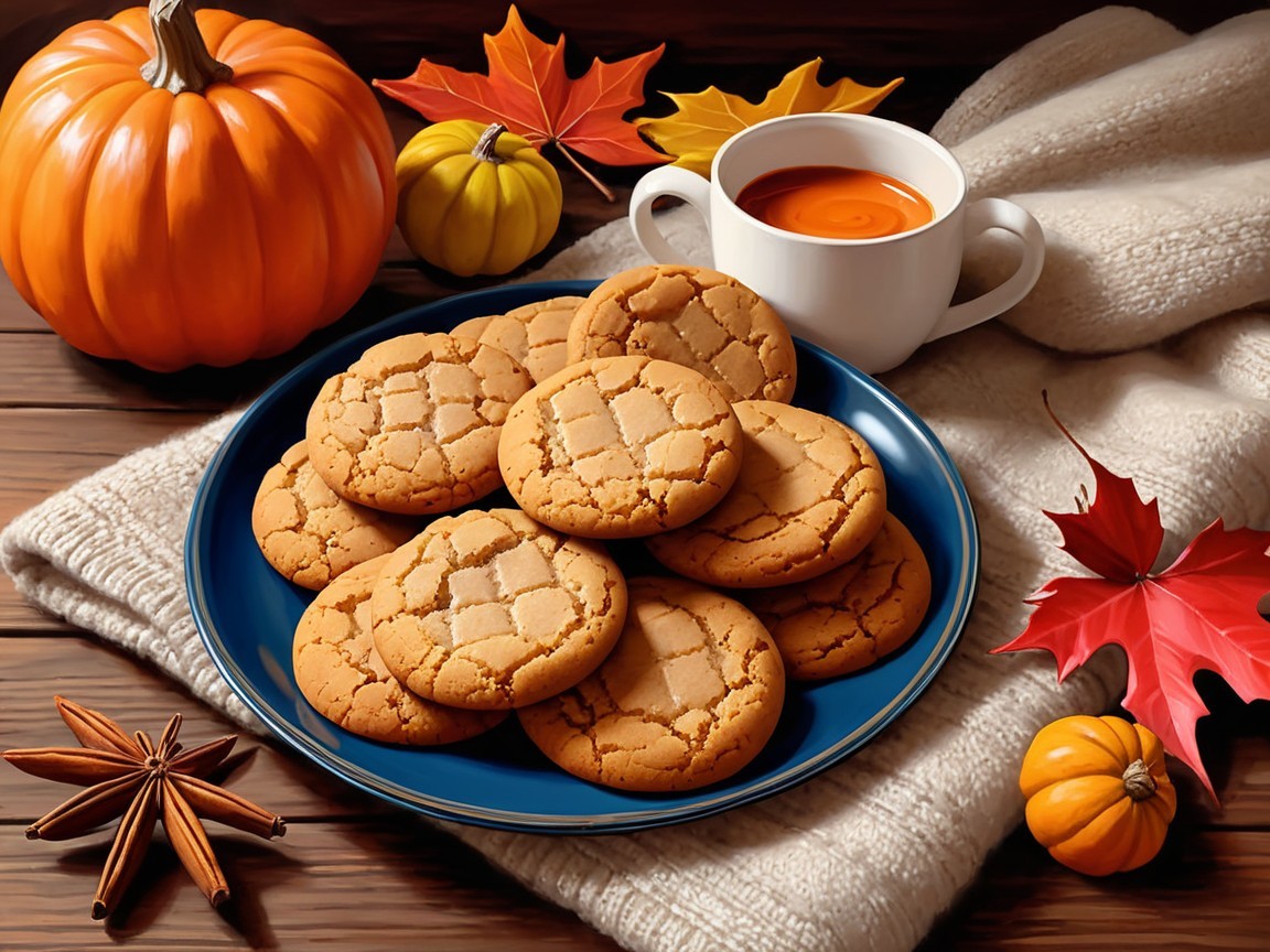 Cozy Fall Scene with Cookies and Autumn Decor