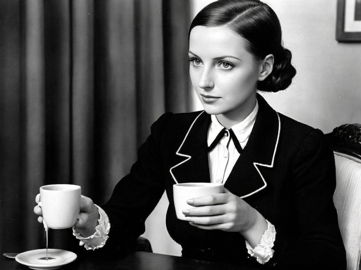 Vintage Elegance: Woman in Black Suit with Cups