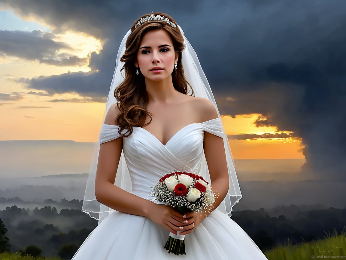 Bride in White Gown Against Sunset and Dark Clouds