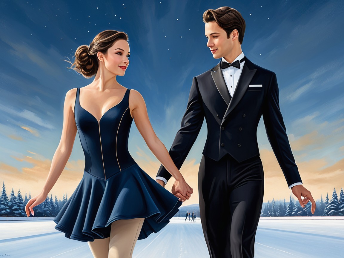 Ice Skating Couple in Serene Winter Landscape
