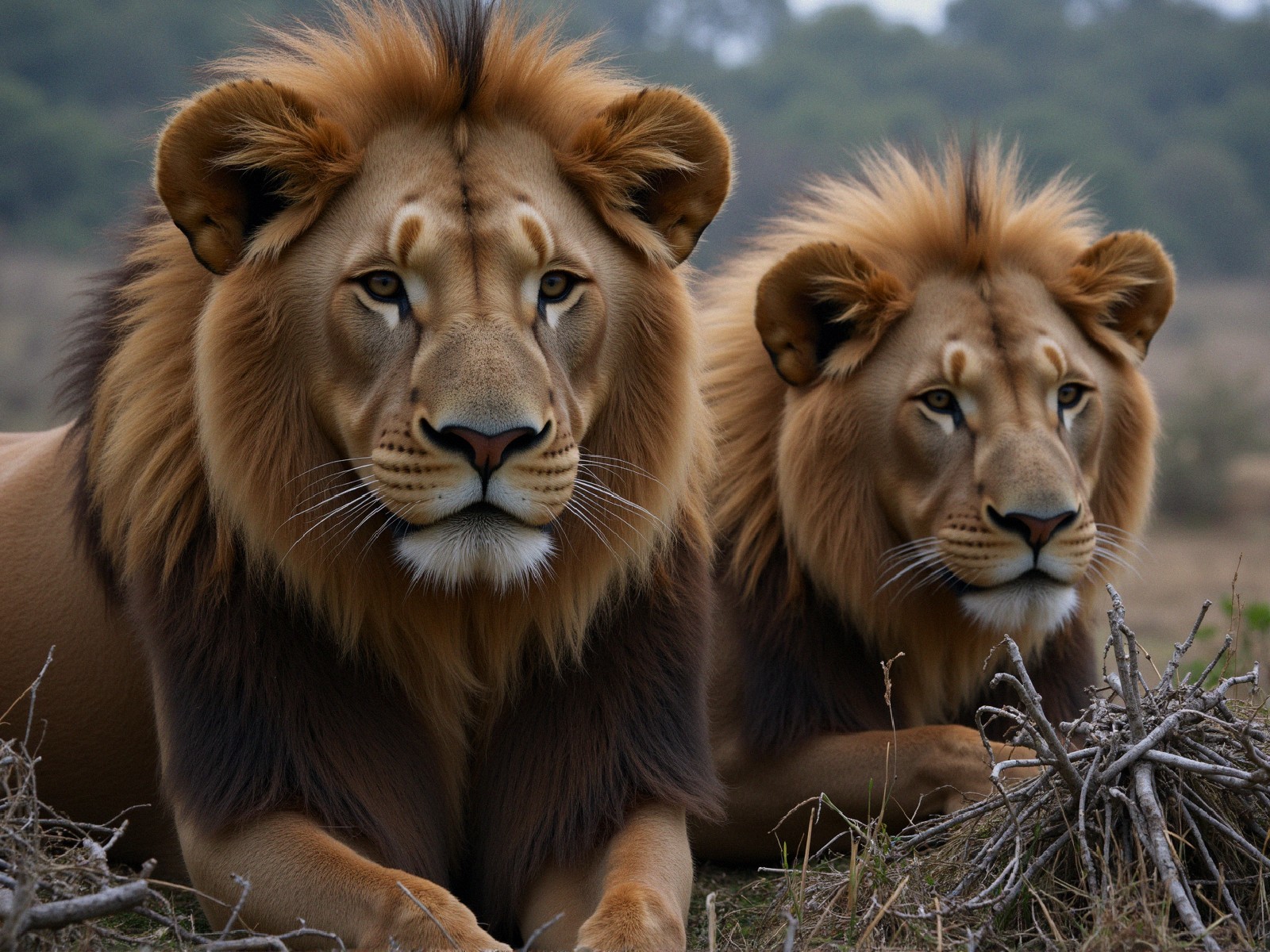 Majestic lions resting in a natural landscape setting