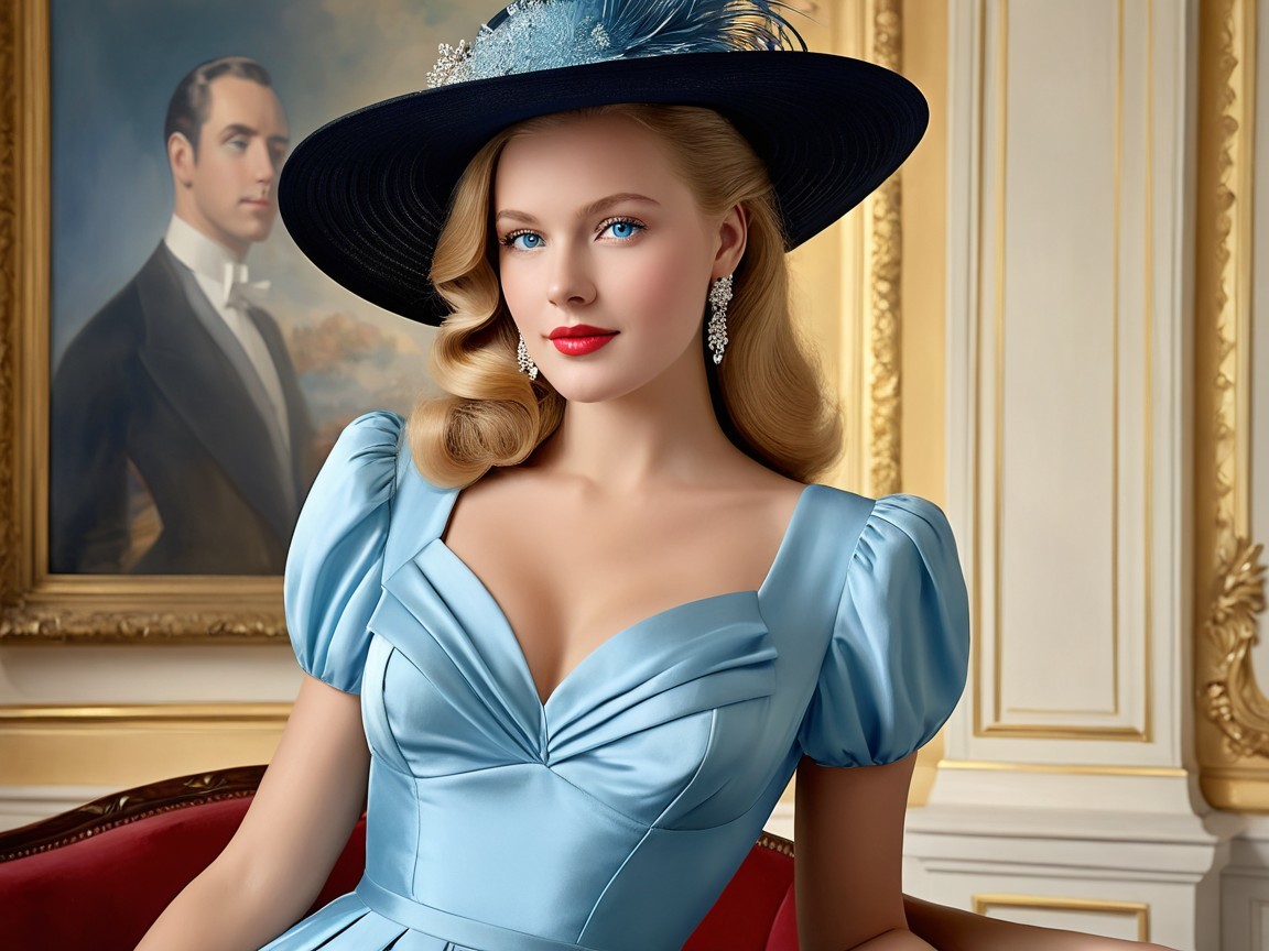 Elegant Woman in Pastel Blue Gown with Black Hat