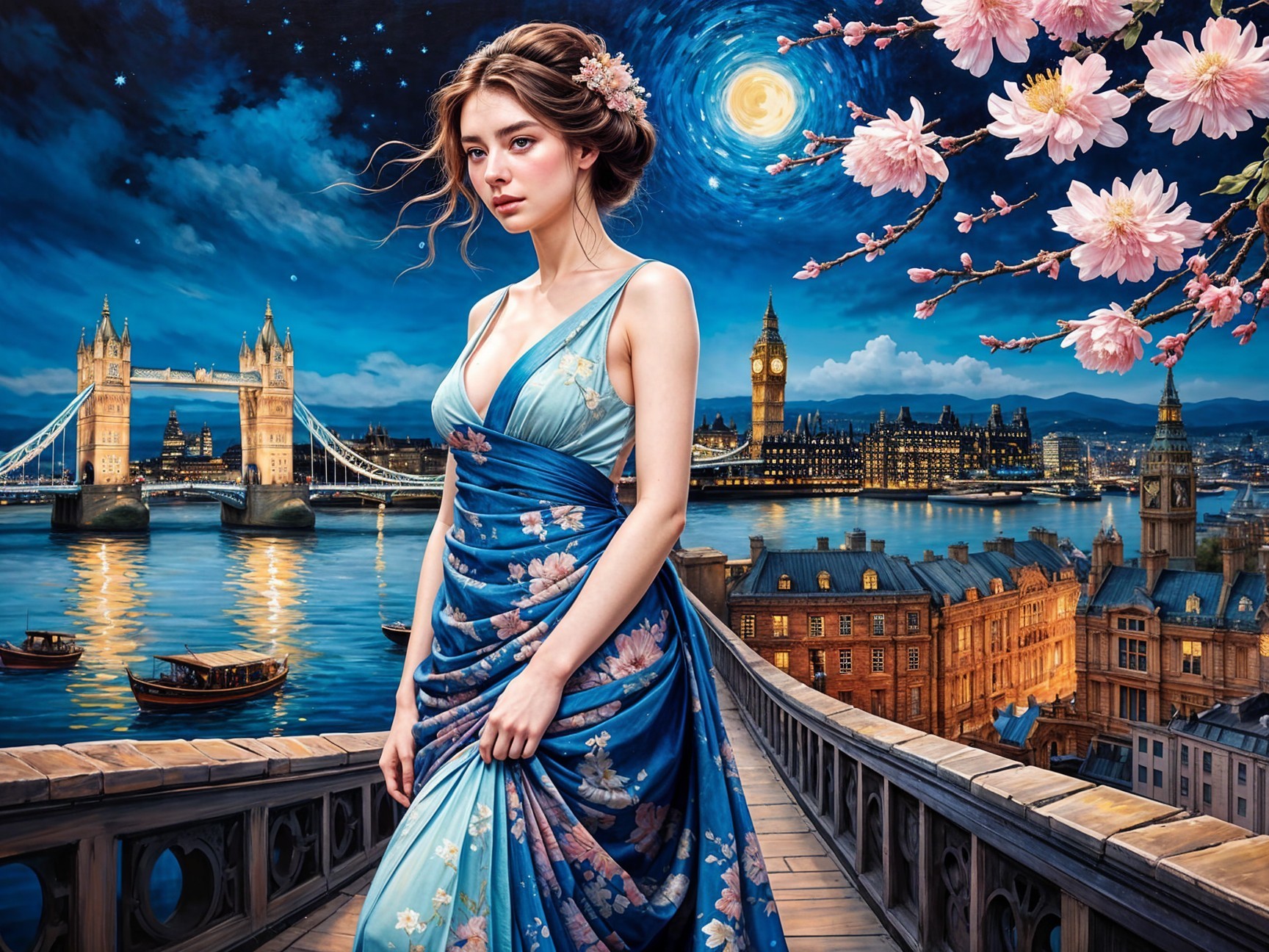 Young Woman in Blue Gown on Bridge with Cherry Blossoms