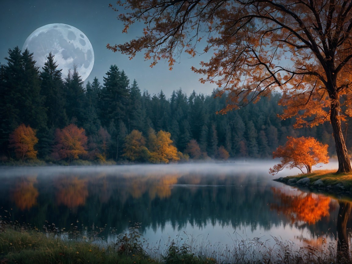 Tranquil Lake Scene with Autumn Foliage and Moonlight