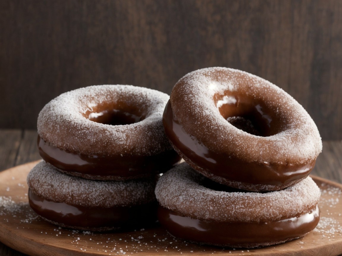 Chocolate-Covered Donuts on Wooden Plate Description
