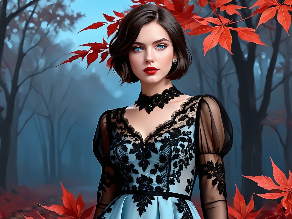 Young Woman in Elegant Dress in Misty Autumn Forest