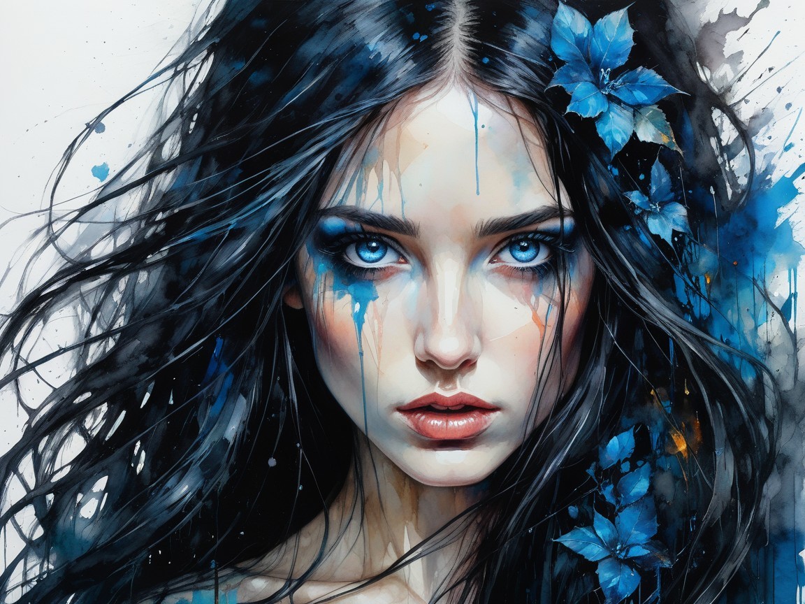 Portrait of a Young Woman with Blue Flowers and Paint