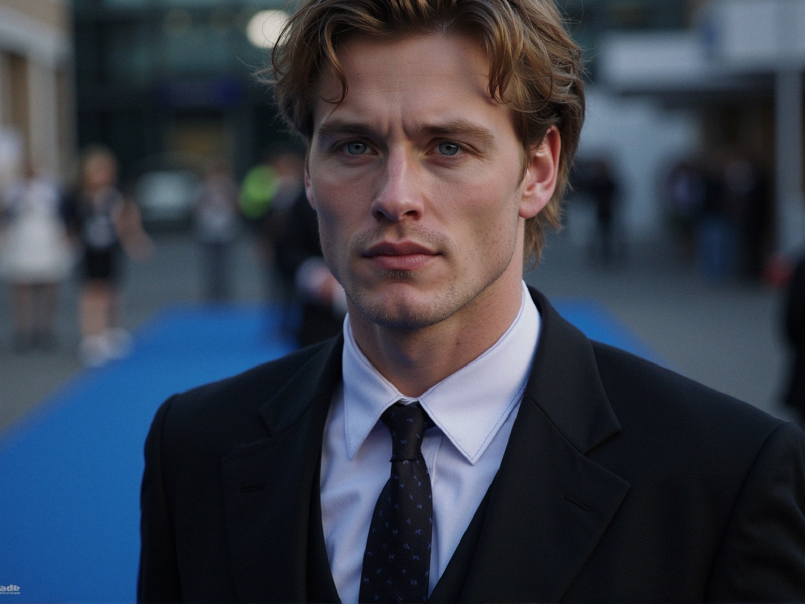 Young man in black suit at outdoor event with blue carpet