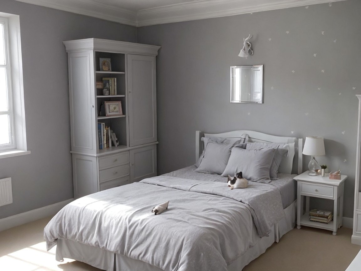 Serene bedroom with gray bedding and cozy decor