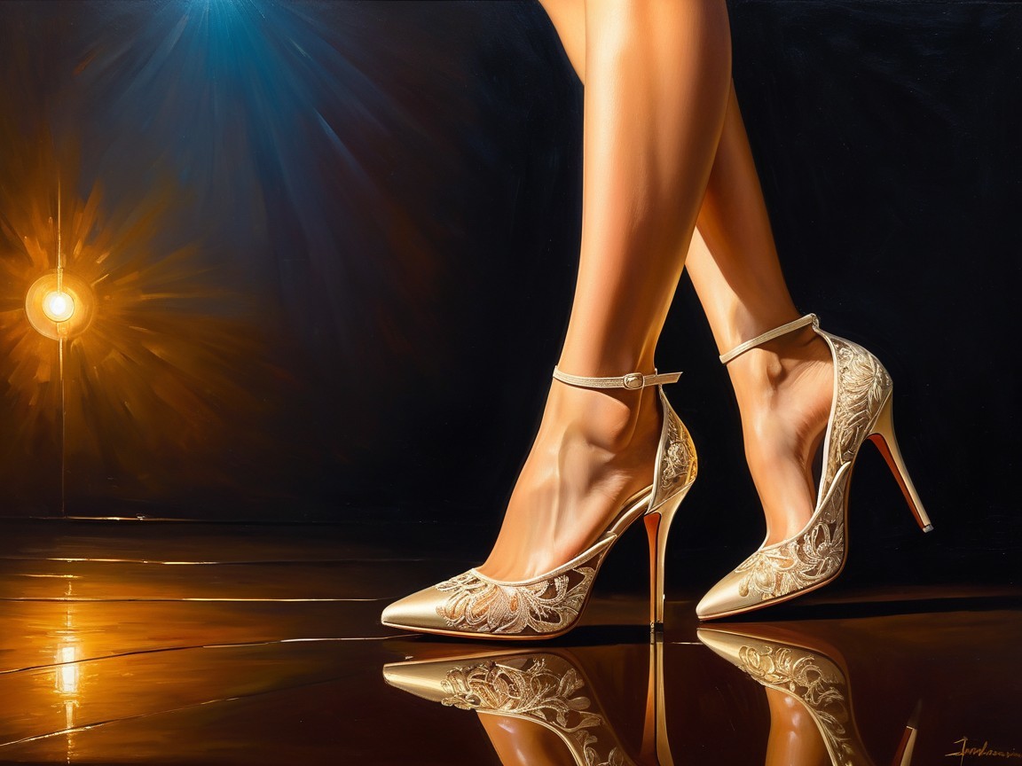 Elegant Gold High-Heeled Shoes with Intricate Embroidery