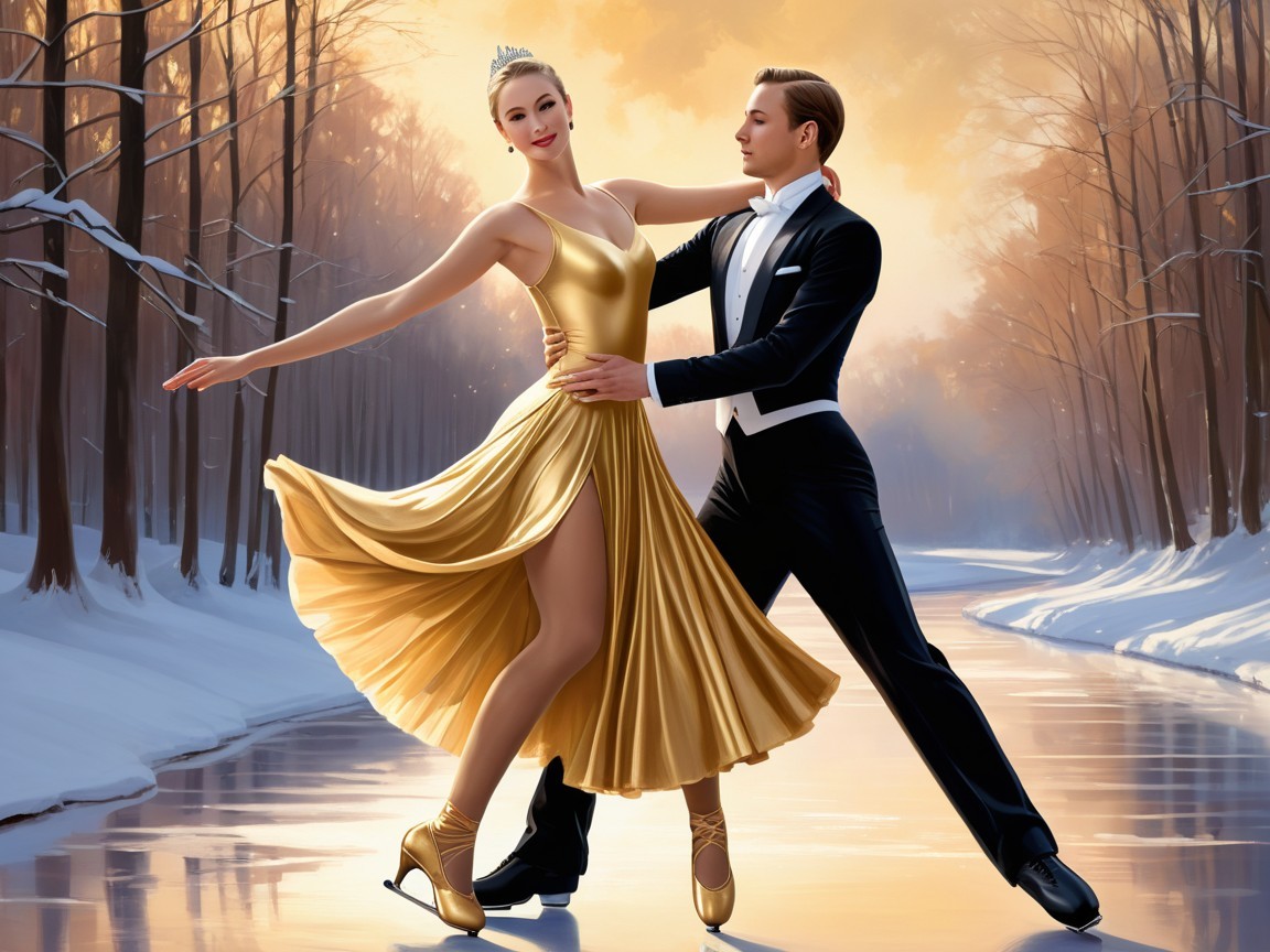 Ice-Skating Couple on a Serene Frozen Lake