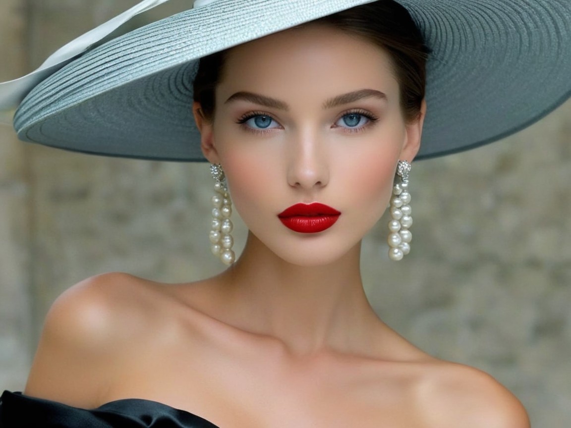 Elegant Model with Blue Eyes and Red Lips in Hat