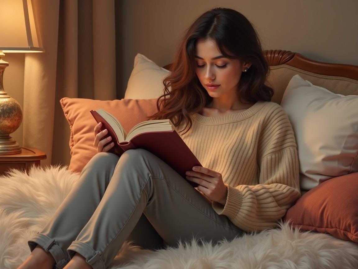 Cozy Reading Scene with Young Woman on Plush Bed