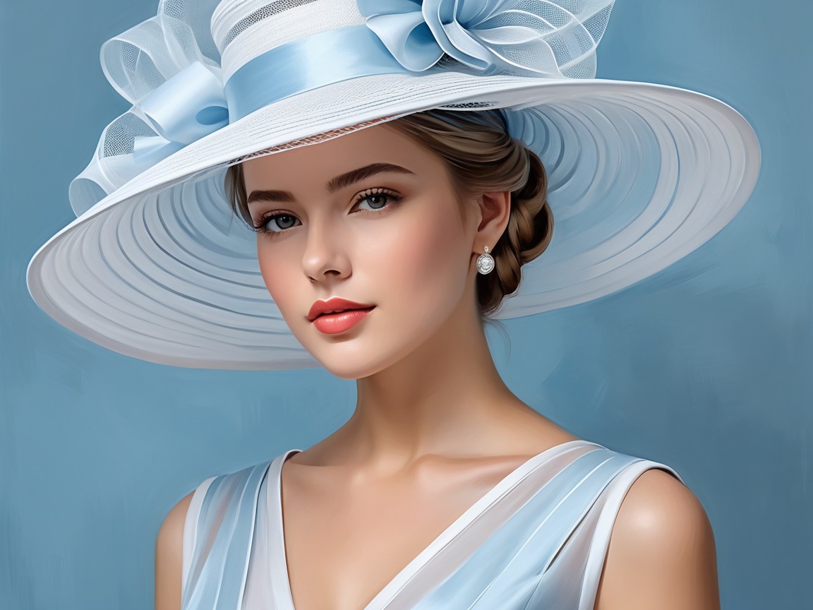 Elegant Woman in Blue Gown and Wide-Brimmed Hat