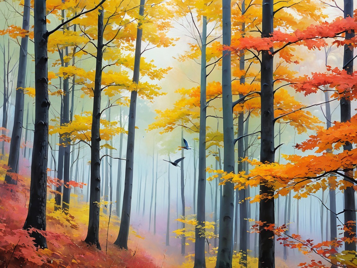 Vibrant Autumn Forest with Mist and Soaring Birds