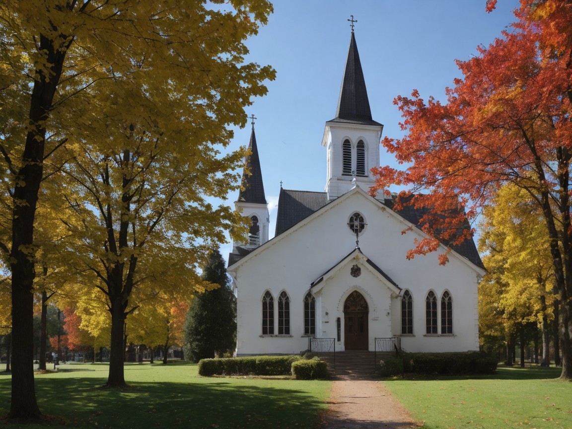 White Church Surrounded by Vibrant Autumn Foliage
