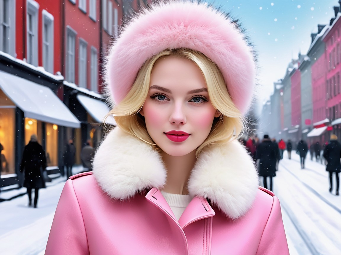Fashionable Young Woman in Pink Coat on Snowy Street
