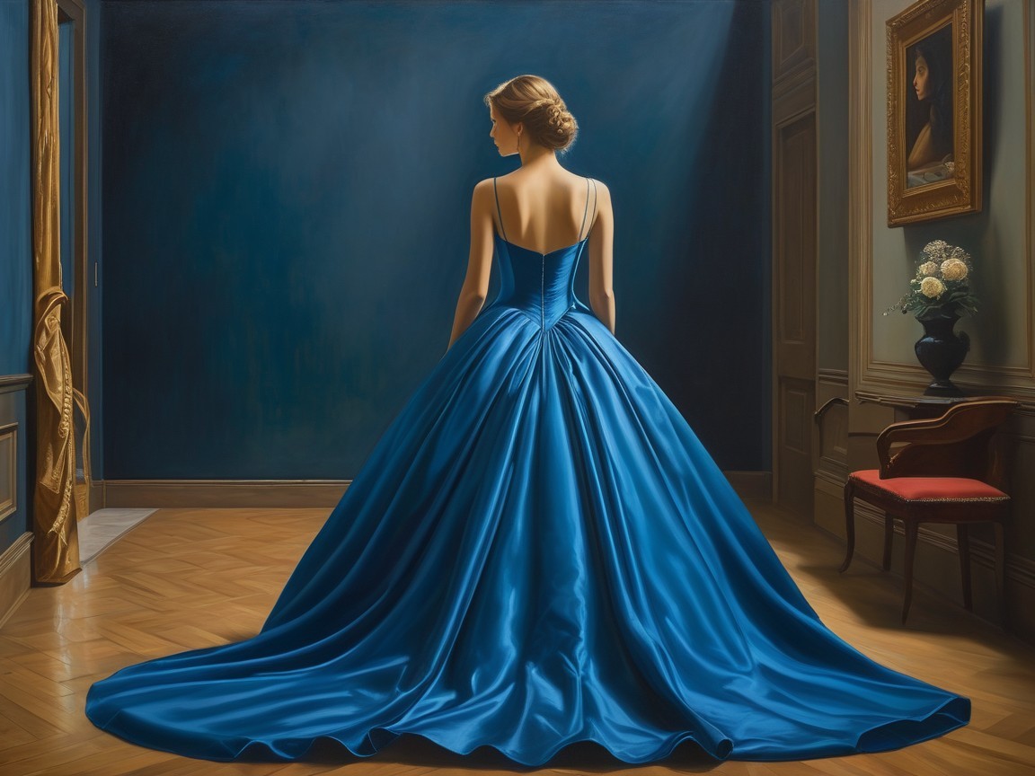 Elegant Woman in Blue Gown in Classical Setting