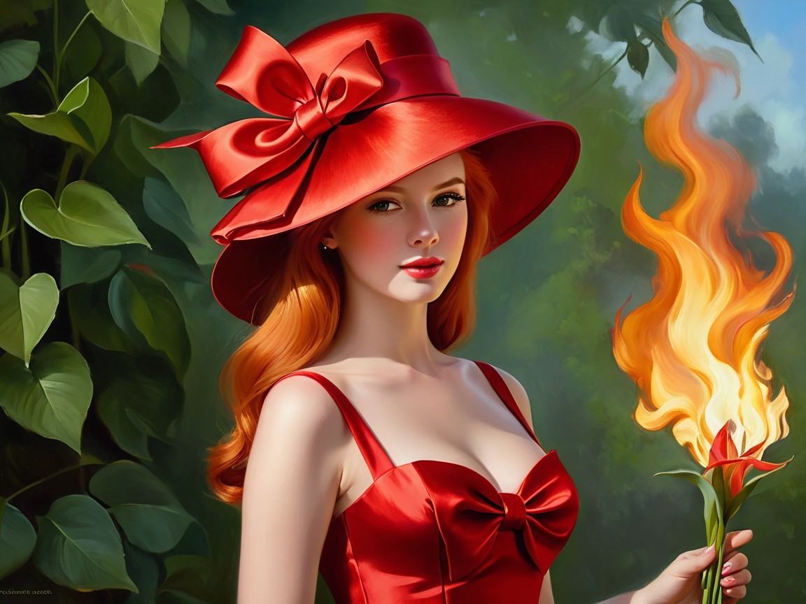 Woman in Red Dress with Torch and Flower in Greenery