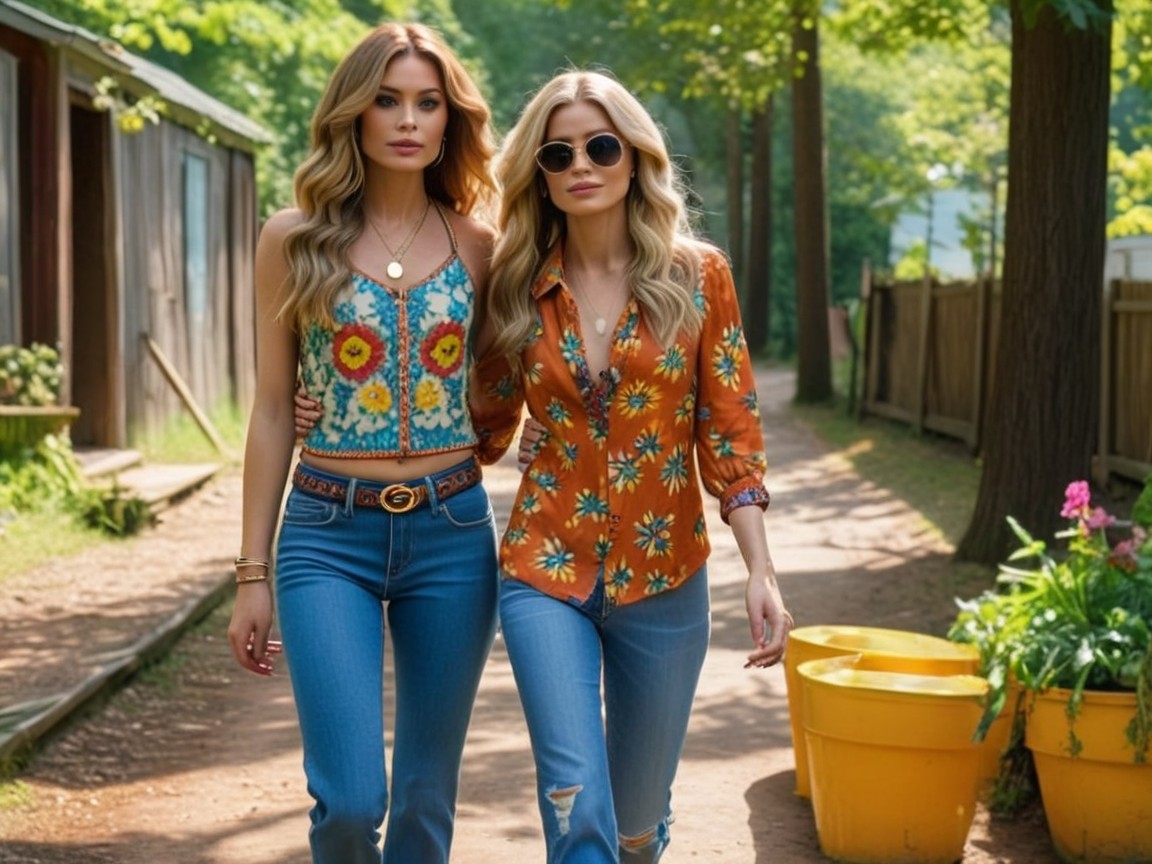 Stylish Young Women in Floral Outfits on Path