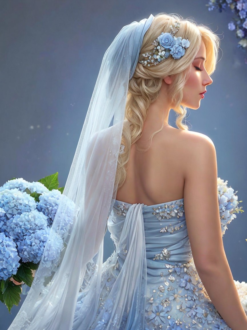 Elegant woman in light blue gown with floral details