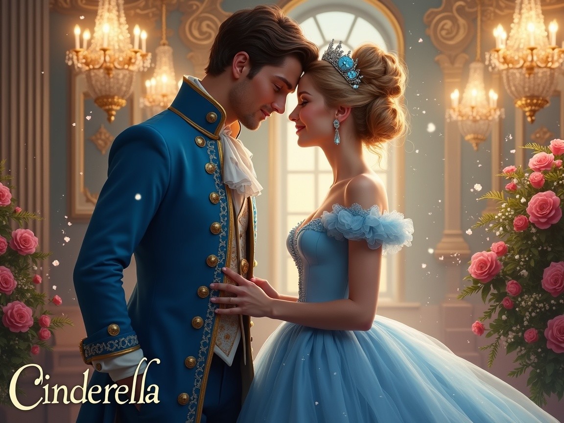 Cinderella and Prince in an Ornate Ballroom Setting