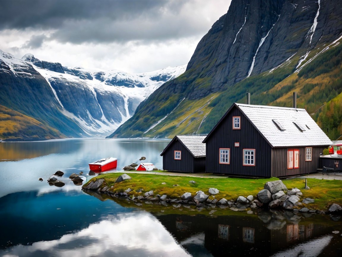 Serene Landscape with Cabin and Tranquil Lake