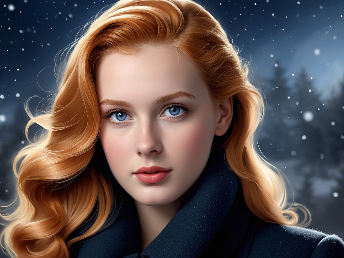 Young woman with red hair in snowy winter scene
