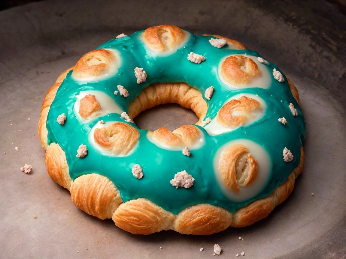 Glazed pastry with turquoise icing and cream swirls