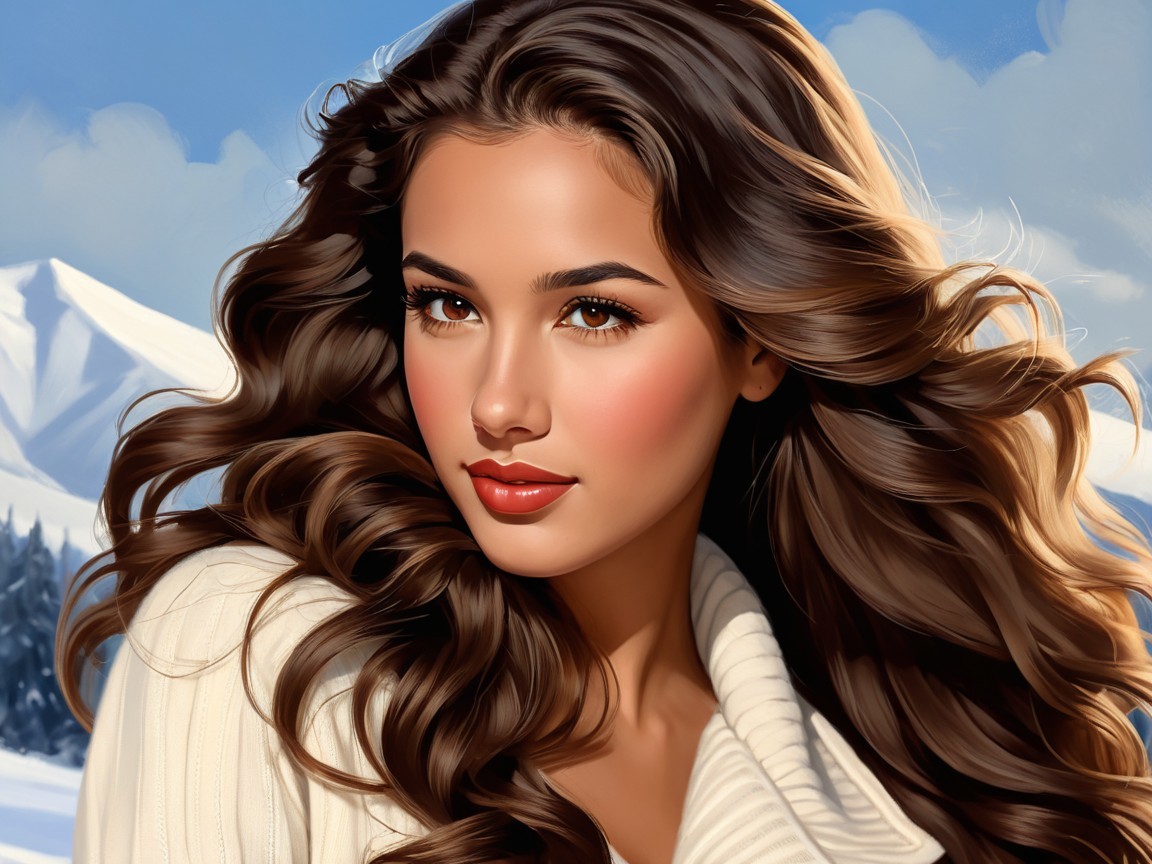 Young woman in cozy sweater against snowy mountains